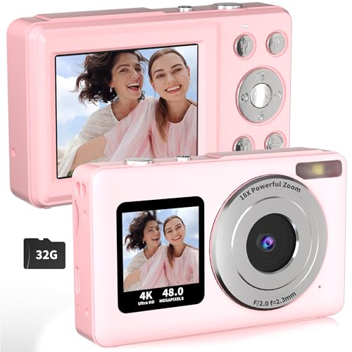 LENANE Cámara digital, cámara FHD 4K para apuntar y disparar con tarjeta de 32 G, cámara de enfoque automático de 48 MP para niños con doble creación, cámara compacta portátil con zoom de 18X, luz