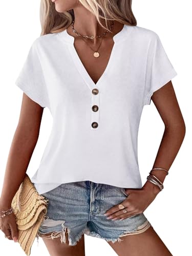 EADINVE Womens Tshirts V Neck Short Sleeve Buttons Tops Batwing Sleeve Tee Summer Color Block Blouse Loose Fit 2024 Shirs Z White