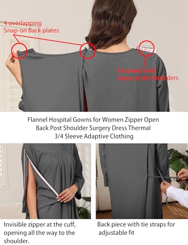image for Liokoc Flannel Hospital Gowns for Women Zipper Open Back Post Shoulder