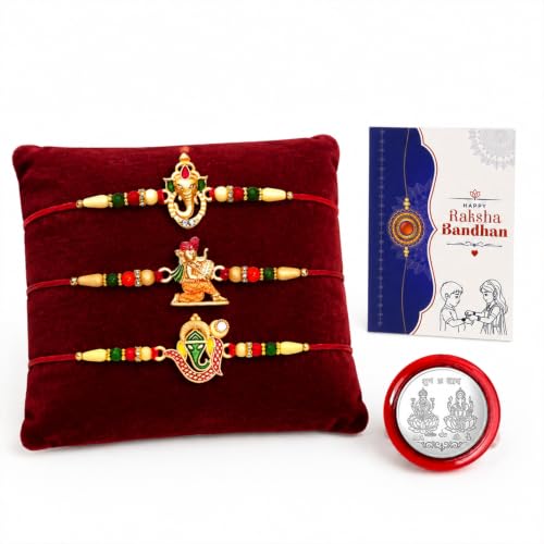 Image of Periapt Raksha Bandhan Rakhi Set for Brother | Pack of 3 Lord Ganesha Ji Designer Rakhis | Religious Rakhi Combo with Shubh Labh Coin and Greeting Card