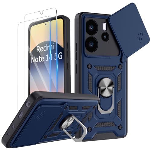 GOKEN Cover per Xiaomi Redmi 14C 4G, Armor Custodia in Silicone Morbido e PC Rigido Antiurto, con Anello Rotante 360° e Protezione Scivolo per Lente, Case - Nero
