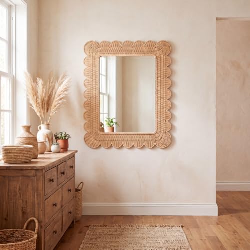 Image of Small Scalloped Rattan Wall Mirror 23 inch x 17 inch Decorative Mirror | Decorative Natural Rattan Wall Wavy Mirror, with Handwoven Frame, for Bathroom, Living Room, Entryway Decor