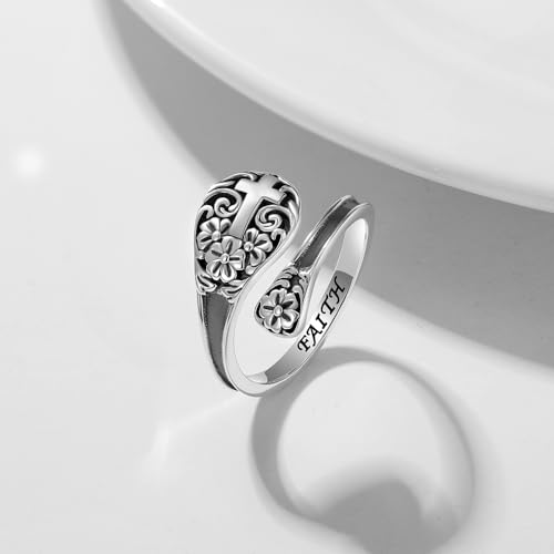 925 Sterling Silver Cross Spoon Ring - Oxidized Vintage Flower Faith Rings Adjustable Size Inspirational Jewelry4