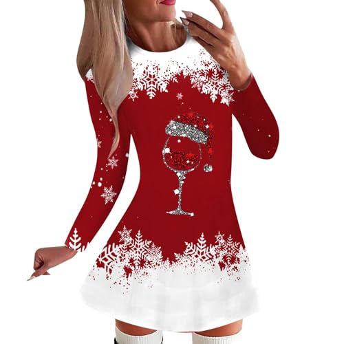 Christmas Dress Women's Long Sleeve Dress Christmas Women Round Neck Mini Dress Red Wine Glass Jumper Dress Funny Tunic Dress Large Sizes Christmas Jumper Dresses Christmas Party Blouse Dress Tops