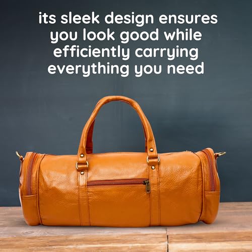 Men's Leather Duffel Travel Gym Sports Overnight Weekend Leather Bag (Light orange)3