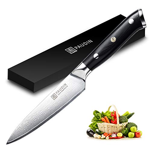 Paudin Damascus Steel Kitchen Utility Knife 5 Inch ,67-Layer Forged Blade and Sharp Edge, Full Tang Ergonomic Micarta Handle with Triple Rivets for Fruit and Vegetables