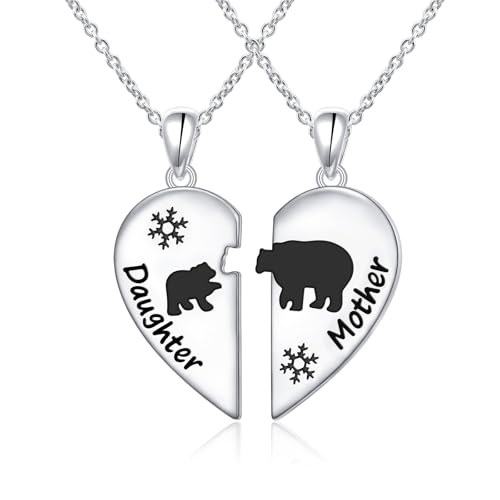 FLYOW Mother Daughter Necklaces for 2 925 Sterling Silver Mama Bear Pendant Matching Necklaces Twin Sorority Heart Halves Jewelry Mothers Day Gifts for Mother Wife Daughter Women