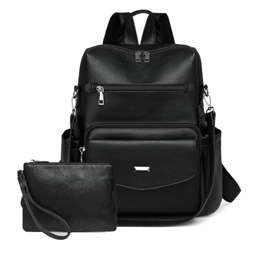 YALIZHNA Womens Backpack Purse Fashion Pu Leather Anti-theft Large Travel Backpack Ladies Shoulder Bags Satchel Handbag (Black)