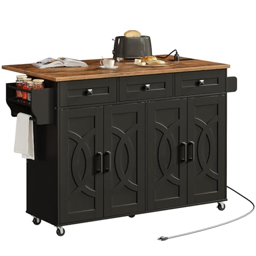 Image of HOOBRO Kitchen Island with Drop Leaf, Rolling Kitchen Island with Storage and Power Outlet, Kitchen Cart with 3 Drawers and Adjustable Shelves, Towel Rack and Spice Rack, Black and Rustic Brown