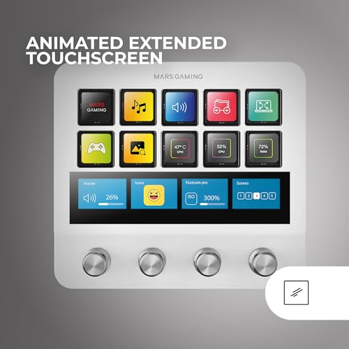 Mars Gaming MSD-Pro, Control Deck, 10 Touches LCD et 4 Boutons Personnalisables, Écran Tactile Étendu Animé, Base Réglable ; Logiciel de Contrôle, Hub USB avec 2X USB 3.0 + 1x USB-C, Blanc