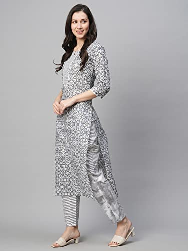 Image of GoSriKi Women's Cotton Blend Printed Straight Kurta With Pant