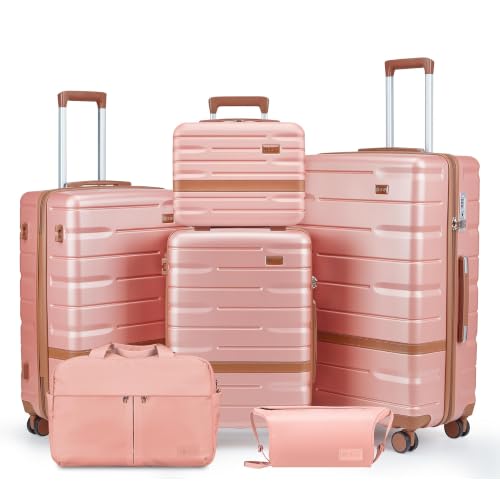 Image of NEISIA Luggage Sets with TSA Lock Hardside PC+ABS Carry On expandable Suitcase with Spinner Wheels Lightweight Rolling Travel Luggage Sets with YKK (Pink(New), 6 piece sets（14 /20 /24 /28 /DB /TB）)