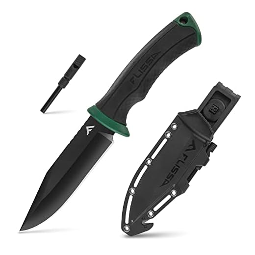 FLISSA 4-7/8” Survival Knife with Sheath, Fixed Blade Knife with Whistle & Fire Starter for Camping, Outdoor, Bush Craft, Tactical, Fiberglass Nylon Handle, Gift for Husband, Father, Friend