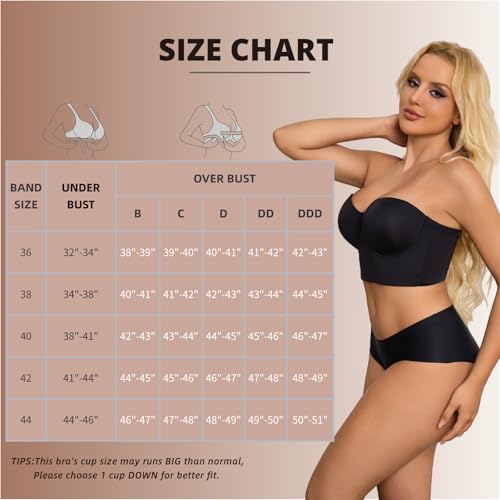 Image of Strapless Bras for Women Push up Bra No-Slip Silicone Strip Hide Back Fat Bra (36B-44DD)