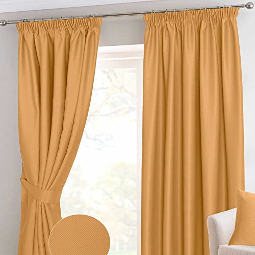 Image of HOMESCAPES Mustard Yellow Pencil Pleat Blackout Thermal Curtain Pair Width 117cm (46") x 182cm (72") Drop Herringbone Chevron Textured Retro Geometric Design. FREE SWATCHES.