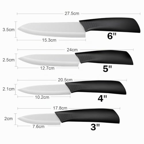 Foto von Ballery Keramikmesser Set, Professionelle Küchenmesser aus keramisch 4-teilig Messer (6 Zoll Chefmesser, 5 Zoll Mehrfunktionalmesser, 4 Zoll Obstmesser, 3 Zoll Obstmesser) und 1 Sparschäler – Weiß