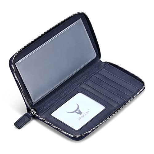 Image of HISCOW Leather Checkbook Cover, Zippered Wallet, Aniline Leather Blue | Full grain cowhide, 5cc & ID window, personal check book & register pockets, removable duplicate divider, women secure zipper