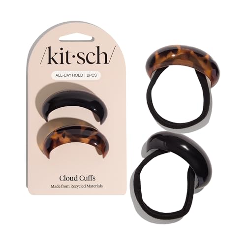 Kitsch Medium Hair Cuffs for Braids & Ponytails - Sleek Hair Ties No Damage for Women | Recycled Plastic & Nylon Elastics | Stylish & Durable - Black & Tort | Ideal Gifts for Women 2pcs
