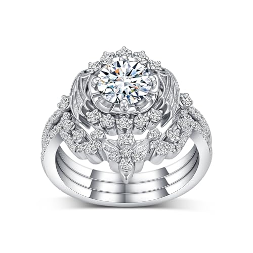 Round Cut Moissanite Wedding Ring Set for Women, 10K 14K 18K Gold Round Half Halo 1-2 CT Moissanite Flower Cluster Engagement Ring Wedding Band Bridal Ring Sets Jewelry Gifts for Her