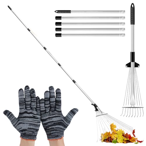GOEDCH Rastrello per foglie in metallo con guanti: manico telescopico con 15 denti fino a 60 cm di larghezza, rastrello da giardino con asta in metallo regolabile per la pulizia di piante, prati e