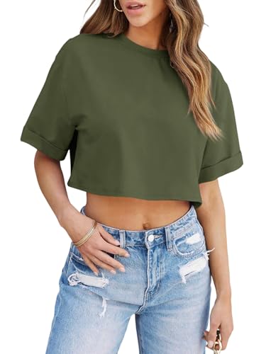 Image of Tankaneo Women Crop T-Shirts Half Sleeve Drop Shoulder Cropped Tops Y2K Casual Summer Basic Tees