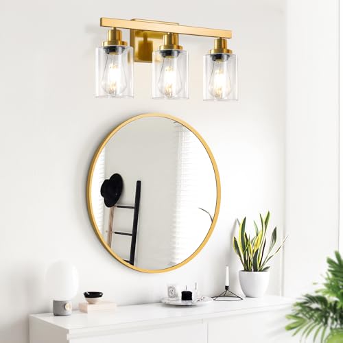 Image of 3 Light Gold Bathroom Light Fixtures, Bathroom Vanity Light Over Mirror, Gold Wall Sconce Vanity Lighting with Clear Glass Shade,Modern Farmhouse Bath Wall Lamp for Mirror Kitchen
