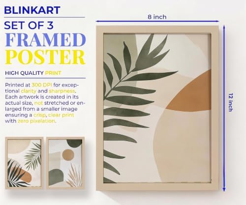 Image of BLINKART Set of 3 GREEN PALM LEAF Natural Brown Frame Painting for Wall Decoration - Modern Art Wall Decor Framed Painting for Living Room Bedroom - Framed Wall Posters /Paintings (8X12 inch)