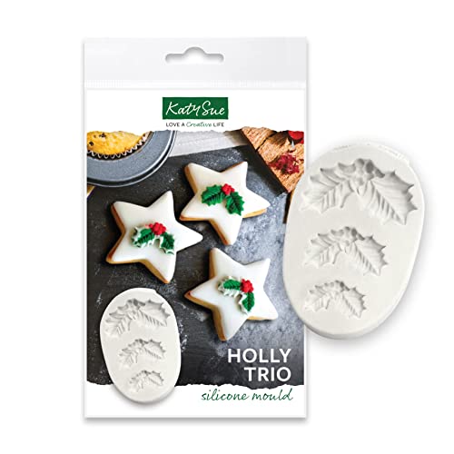 Katy Sue Holly Trio Silicone Mould for Christmas Cookie, Cake Decorating & Craft. Makes 3 Sizes of Holly & Berries - 30 x 54 x 6, 22 x 38 x 6 & 18 x 26 x 3 Millimetres. For Fondant, Sugar Paste & Clay