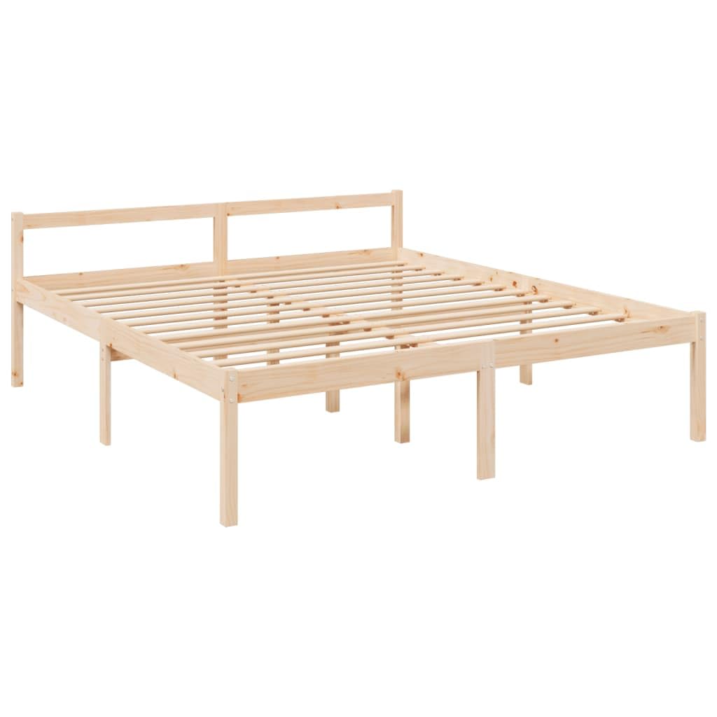 Lite drewno sosnowe z podwyższonym wezgłowiem 45 cm Brąz 200 x 200 cm | Łóżko dla seniora 200x200 z zagłówkiem, lite drewno sosnowe, rama 45 cm, przechowywanie pod łóżkiem