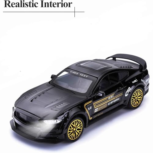 Image of Diecast Metal Model Car 1:32 Scale Mustang GT500 Toy Cars for Kids Sound Light and Pull Back (Black)