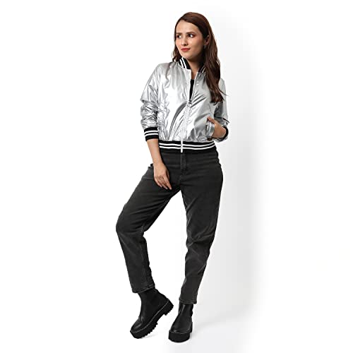 Image of PINACOLADA Women Silver Puffer Regular Fit Bomber Jacket For Winter Wear | Low-Cut Standing Collar | Full Sleeve | Zipper | Casual Jacket For Woman & Girl | Western Stylish Jacket For Women