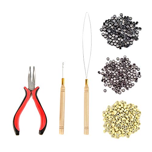 Hair Extension Tools Kit – Pliers - Pulling Hook - Bead Device Tool Kits with 600 Pieces 5mm Silicone Lined Micro Rings (Black, Dark Brown, Blonde)