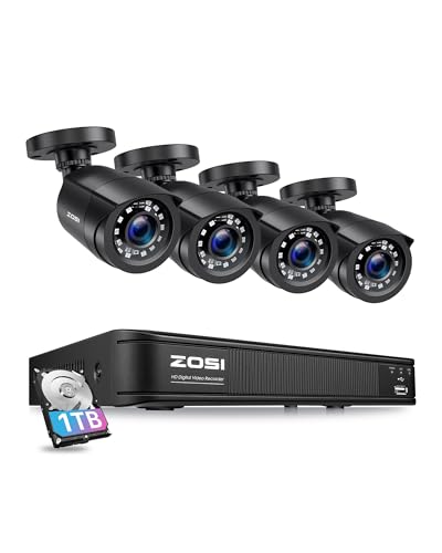 ZOSI 1080P Home Security Camera System, H.265+ 8CH 5MP Lite CCTV DVR Recorder with 1TB HDD and 4 x 1080P Weatherproof Surveillance Bullet Camera Outdoor Indoor, 80ft Night Vision, Motion Alerts