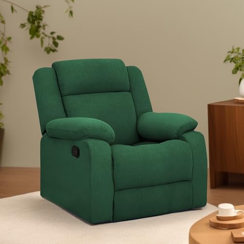 Image of Kayro Comfy Fabric | 1 Seater Recliner Sofa, Premium Fabric Upholstery, Soft Padded Body with Comfortable Cushions, Manual Recliner Chair for Living Room & Home Relaxation | Green