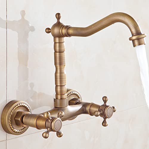 Grifo de cocina de latón antiguo mezclador para fregadero con caño giratorio mural