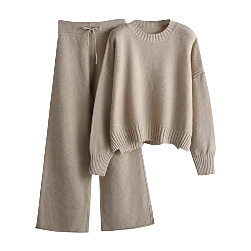 callmo Loungewear Damen Set, Strickanzug Damen Set 2 Stück Jogginganzug Outfits Sets Strick Pullover + Weites Bein Hose Sportanzug Trainingsanzug...