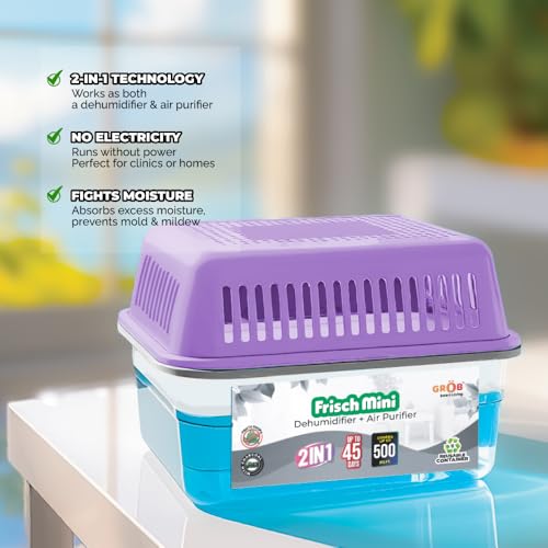 Image of Grob Frisch Mini Moisture Absorber Dehumidifier | Value Pack of 2 (750ml Each) | Dehumidifier for Wardrobe, Closet & Cupboard | Controls Dampness, Mould, Fungus & Odour (Purple)