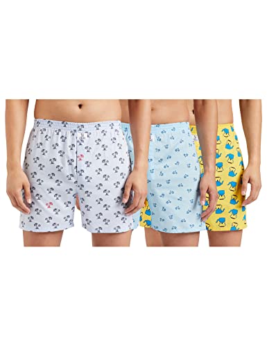 Image of Longies Cotton Mens Boxers Pack of 3 Regular Printed (LGBOXPO3VOO3 Sky Blue,Yellow,Blue3359 L)