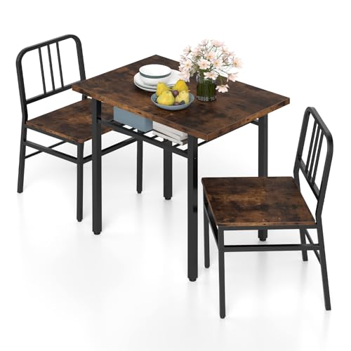 GiantexUK 3 Piece Dining Table Set, Metal Frame Kitchen Table and Chairs with Storage Rack & Adjustable Foot Pads, Space-Saving Breakfast Furniture Set for Dining Room Apartment (Rustic Brown + Black)