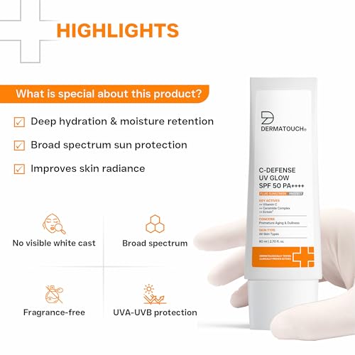 Image of DERMATOUCH C-Defense SPF 50 PA++++ Fluid Sunscreen with Vitamin C & Ceramides | For Premature Aging, Dullness| Zero White Cast | Lightweight Daily Sunscreen | In-Vivo & In-Vitro Tested | 80ml