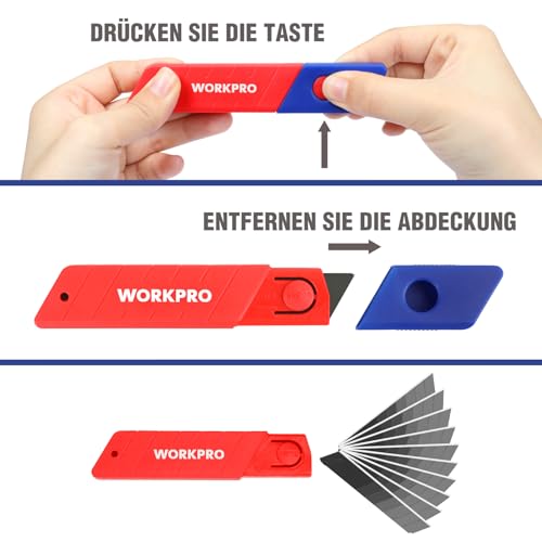 WORKPRO Cuttermesser Klingen 18mm 100 Stück für Profis, gehärtet & extrem scharf Ersatzklingen aus SK5, Abbrechklingen für Teppichmesser Cuttermesser inkl. 10 unabhängige Box