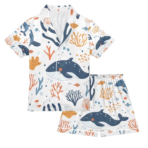 senya Whale and Coral A Satin Summer Pajama Sets Silk Short Sleeve Button Down Sleepwear