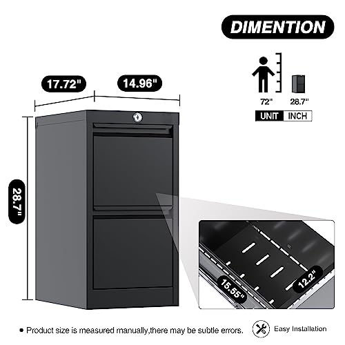 Reemoon 2 Drawer Filing Cabinet with Lock, Metal Vertical File Cabinet with Letter,Legal,A4 Size for Home Office School,Required Assembly,Black
