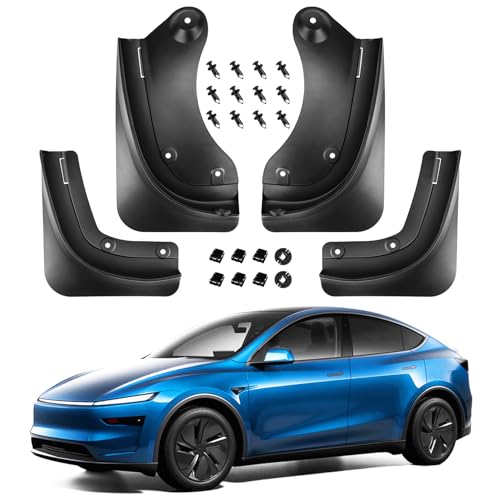 Image of Mud Flaps for 2025-2026 Tesla Model Y Juniper, Black, Set of 4 | No-Drill Splash Guards, Front and Rear, All-Weather, Impact Resistant TPE