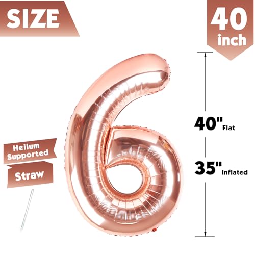 Image of 40 In Rose Gold Number 6 Balloon, 6th Birthday Party Decorations for Women | 40 Inch Rose Gold inflatable foil number balloons, large birthday decorations for 6th birthday