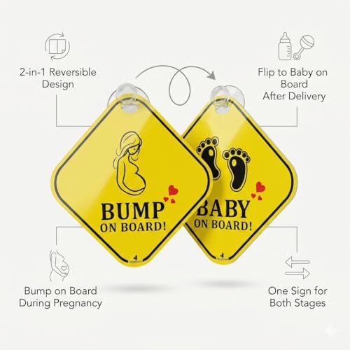 Image of 2-in-1 Reversible Baby on Board & Bump on Board Car Hanging Sign - Mom on Board Pregnancy & Newborn Safety Sign for Rear Windshield with Suction Cup, 300 GSM Laminated Board, 14.5 cm, Yellow (1, 14.5 x 14.5 cm)