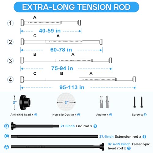 Image of Tension Curtain Rod Black Tension Rod 40 to 113 Inch Spring Curtain Rods Non Slip Tension Rods 1pcs For Windows No Drilling Adjustable Tension Rods of Curtains Window Closet Kitchen Wardrobe
