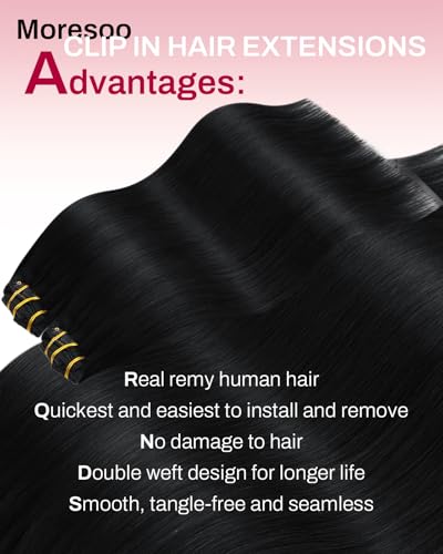 Image of Moresoo Real Hair Extensions Clip ins Human Hair Black Double Weft Clip on Extensions Human Hair Jet Black Remy Clip in Hair Extensions Real Human Hair Full Head Set 7pcs /150g 22inch