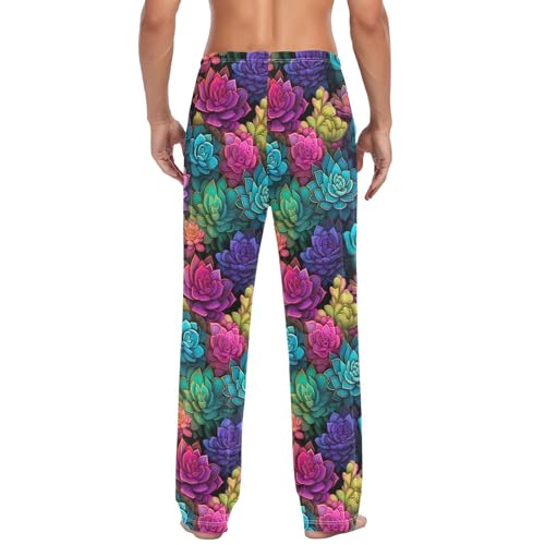 Men's Colorful Succulents Pajama Pants with Pockets - Straight Fit Cotton Sleep Bottoms for Lounge & Nightwear#7843