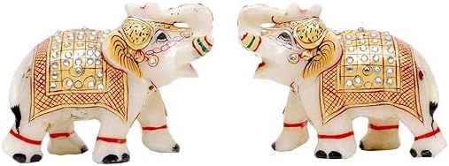 Elephant Statue Home Decor Designer Marble Showpiece Elephants Pair with Beautif…